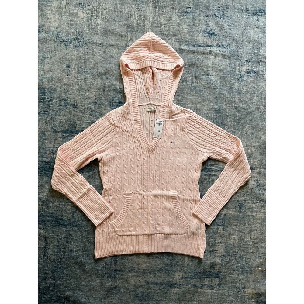 NWT! Hollister Pink Cable Knit V Neck Hoodie Sweater XL - Picture 2 of 7
